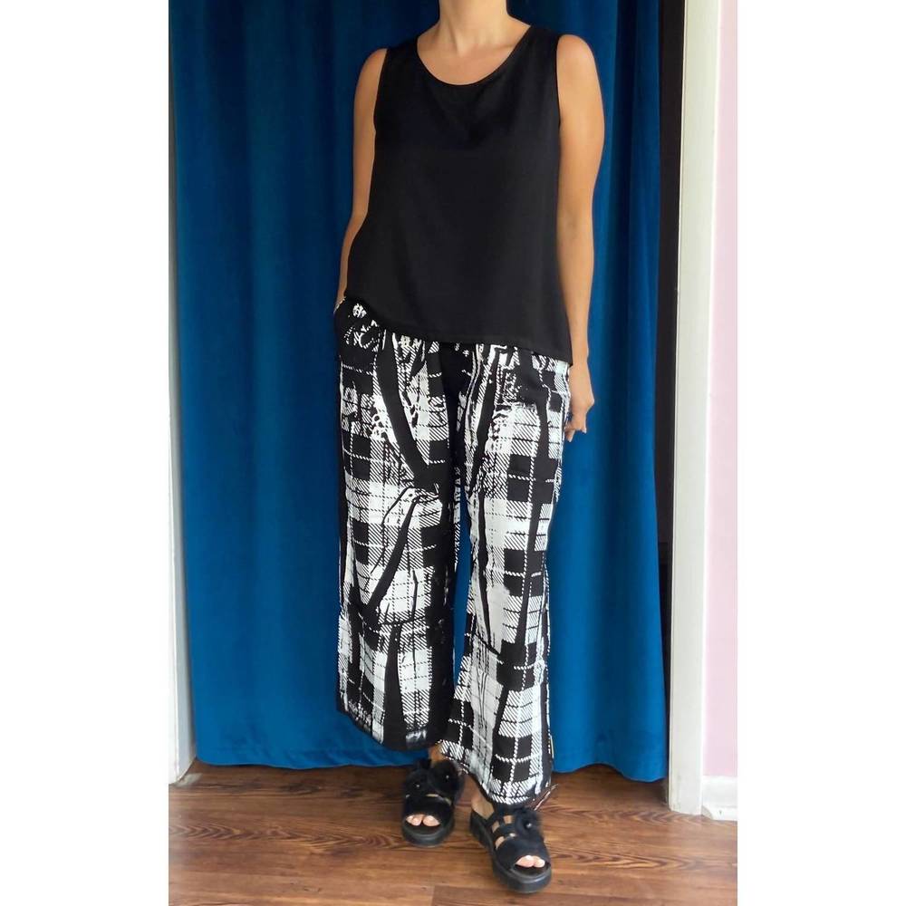 NEW PAPER TEMPLES ellis plaid print wide leg pants in black sateen